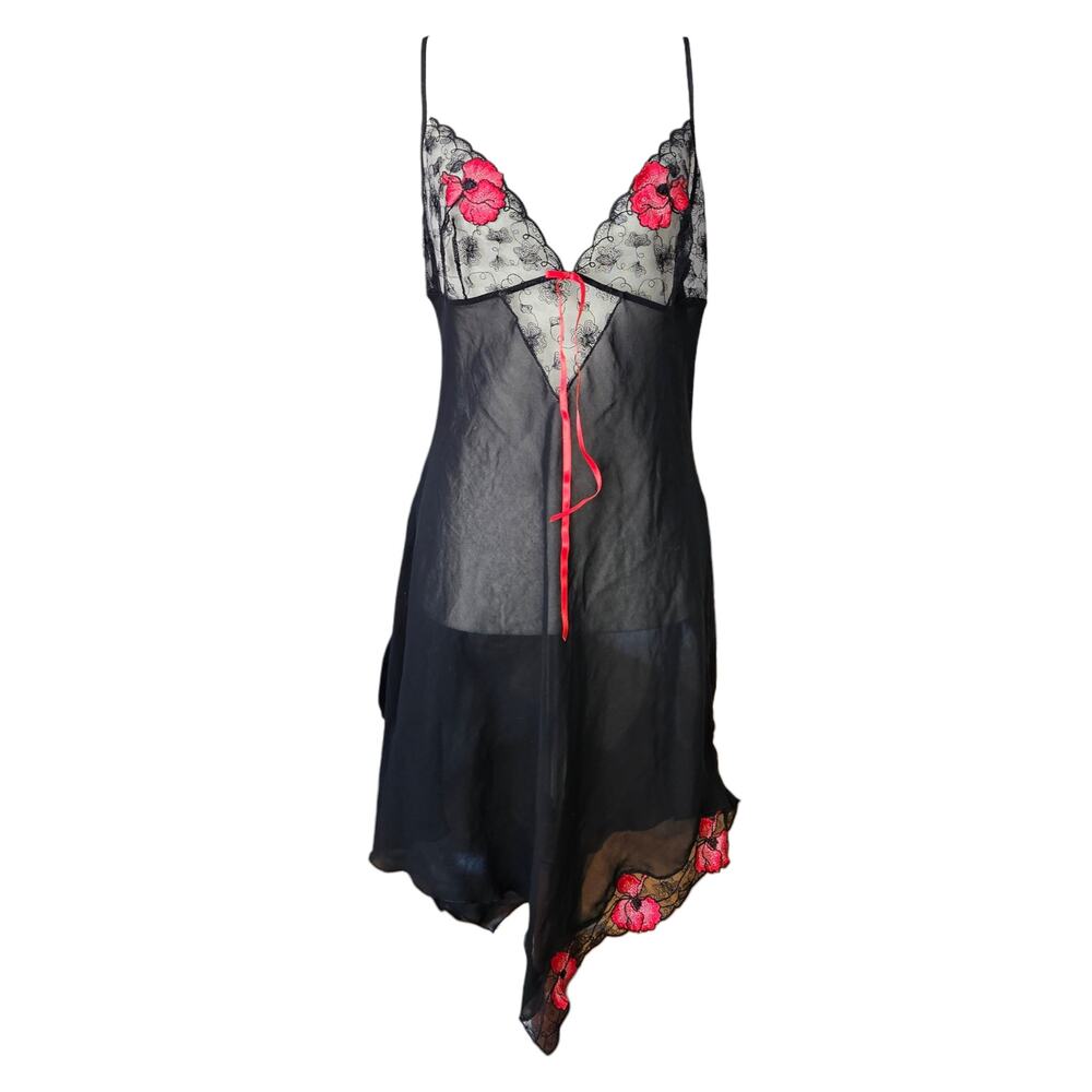 Euro Slip Dress Whimsigoth Semi Sheer Floral Black Asymmetrical- Large